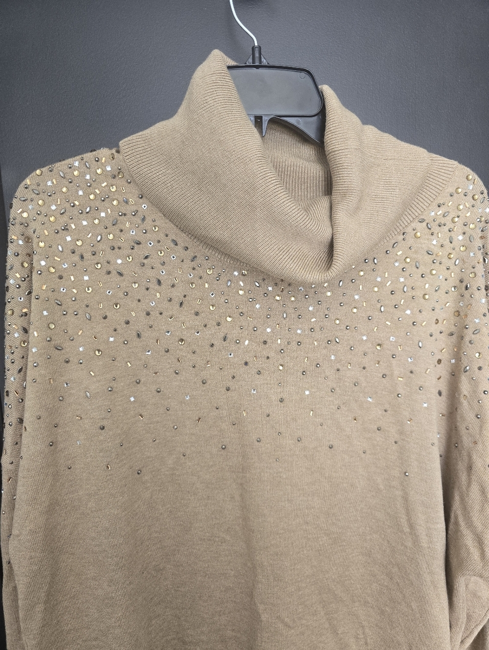 Calvin Klein Women Beige Embellished Cowl Neck Sweater Dress Sz Large Rhinestone - Picture 11 of 12